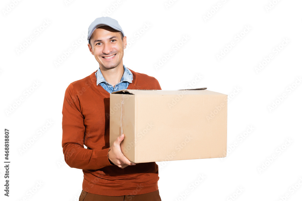 Smiling delivery man giving cardbox on white background Smiling delivery man giving cardbox on white background