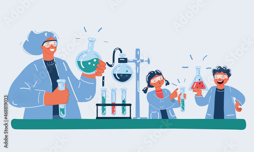 Vector illustration of science and chemistry classees at school with smart kids and teacher