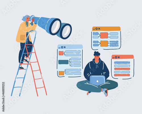 Vector illustration of woman with magnifying glass looking ideas or good employees