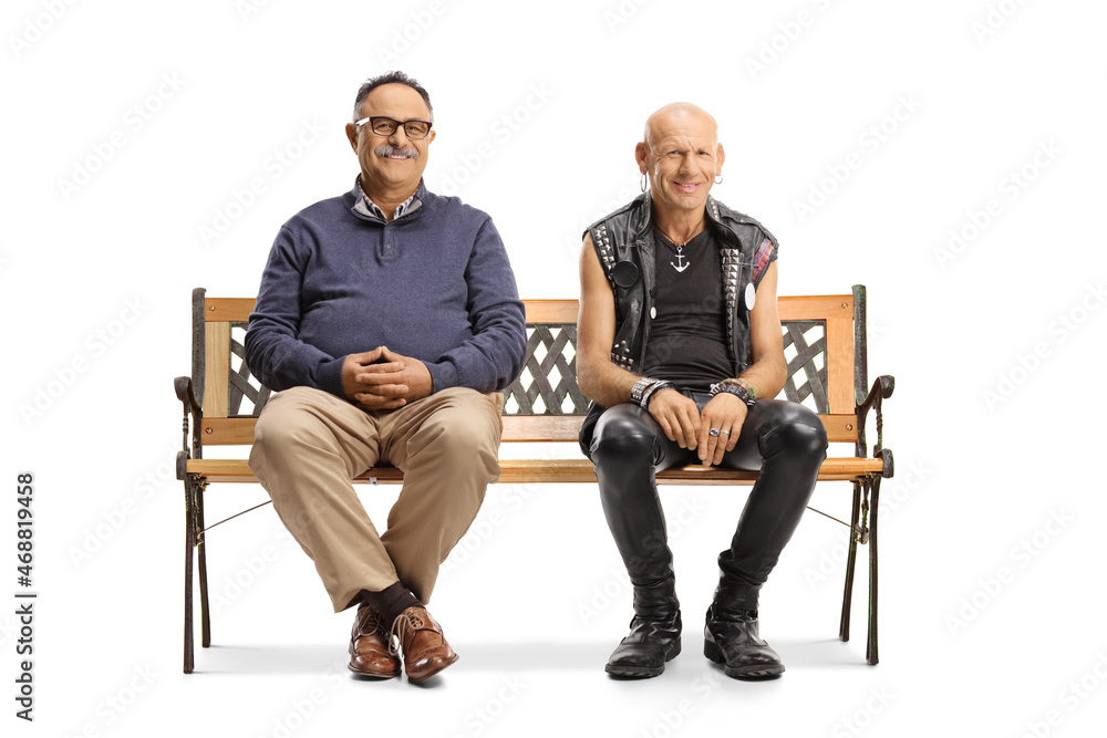 Mature man and a punk in leather clothes sitting on a bench