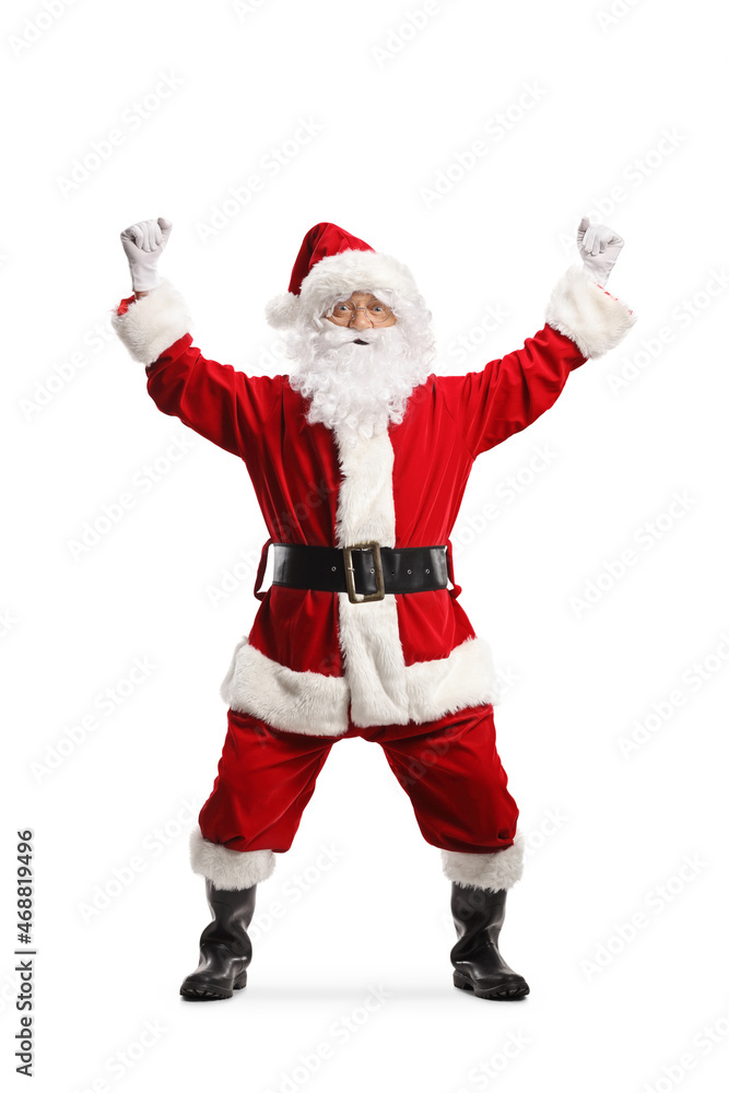 Full length portrait of santa claus gesturing happiness and raising arms Full length portrait of santa claus gesturing happiness and raising arms