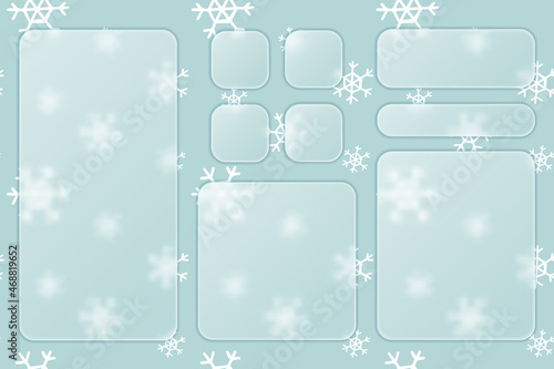 Set of transparent plates with place for text in trendy style glassmorphism or frosted glass on winter background with hand drawn snowflakes. For sites, applications, internet projects. Vector