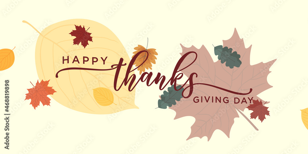Happy Thanksgiving lettering hand drawn calligraphic with autumn leaf vector illustration. usable for web banners, background, posters and greeting cards