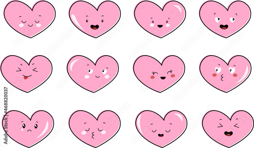 A collection, a set of funny loving hearts with faces and different emotions. Cute Valentine's Day symbols. Vector graphics.