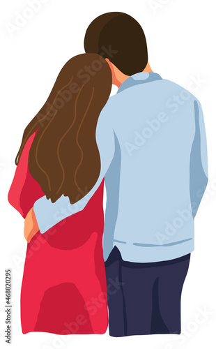 Romantic couple cuddling. Man and woman hugging. Love relationship. Flat vector illustration. Cartoon colored clipart isolated on white. Element for St Valentines holiday design, decor, card.