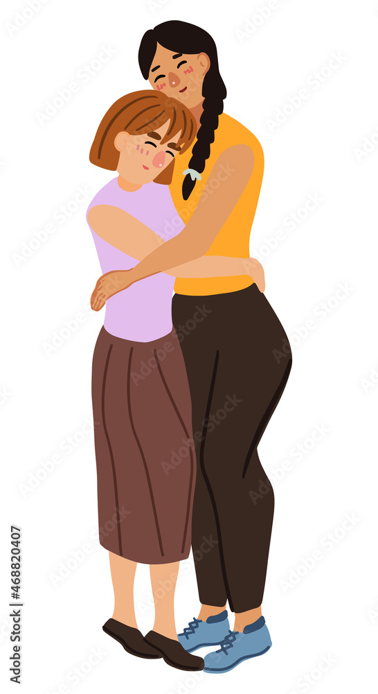 LGBT couple, one gender love. Lesbian couple embracing. Two girls in love, hugging. Hand drawn vector illustration. Cartoon style characters isolated on white background. Clip art for design.