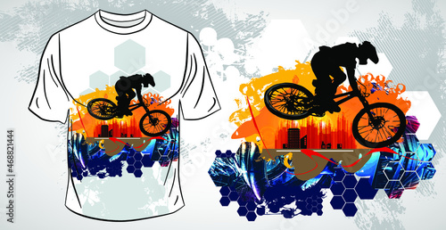 T-shirt template with active person. Rider on the abstract background, vector