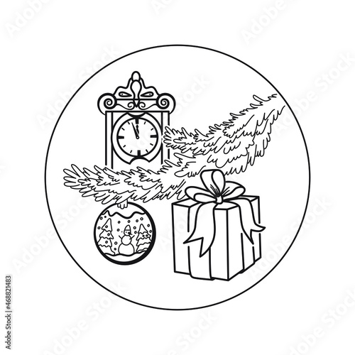 A branch of a Christmas tree  a New Year s ball  a stegovik  a wall clock  a New Year s gift  a vector outline 
