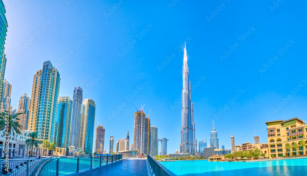 The long bridge to Burj Khalifa tower, Dubai, UAE