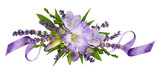 Purple freesia flowers with lavender and satin ribbon in a line floral arrangement isolated