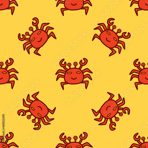 Seamless pattern Cute happy crab. Colorful vector illustration hand drawn on a yellow background print or card. Wrapping or fabric, paper or textile © Ольга Е