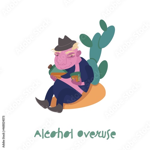 Alcohol overuse. Cartoon character in a trendy style.