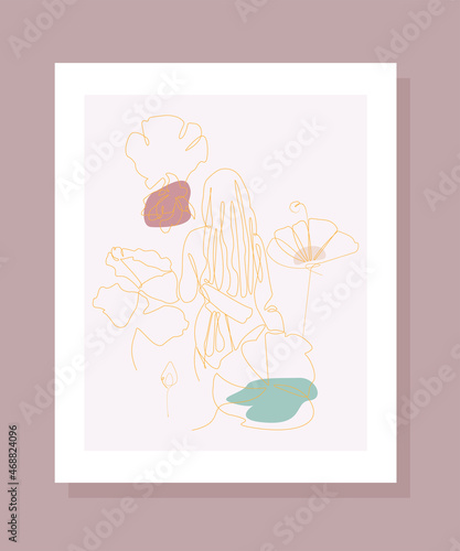 One line art illustration. A girl in lotos flowers. Vector design templates for sosial media, posters, cards, packaging.
