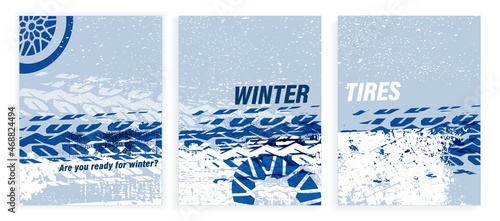 Winter tires poster set. Editable vector collection