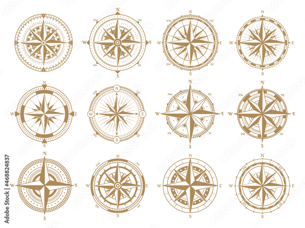 Retro old nautical navigation rose wind compass. Vintage rose wind marine navigation measure compasses vector illustration symbols set. Antique navigation skipper compasses