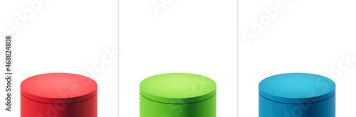 Set of scene with red, green and blue cylindrical  podium, on white  background. Mock up pedestal design for display case,  showcase, shopfront. Fresh modern color. 3d render illustration.
