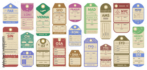 Retro travel luggage tags, airport flight stamps. Vintage luggage travel tags, rome, shanghai and madrid tour trip luggage tickets vector illustration set. Old baggage tags photo