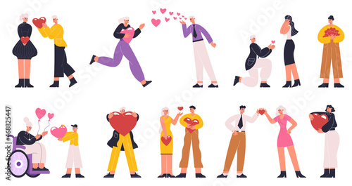 Characters sharing hearts, giving hearts to each other. People holding hearts, donating or valentines day concept vector illustration set. Love confession or philanthropy