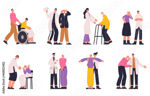 Alzheimer disease, elderly people have dementia symptoms and signs. Senior people suffer from memory loss, disorientation vector illustration set. Dementia disease symptoms