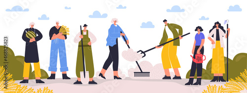 Farmer characters standing with harvest and farm tools. Agricultural farm workers planting crops and harvesting vector illustration. Farm workers group