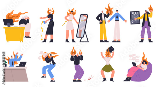 Office conflict, stress angry business people in chaos fire. Negative emotions, stress and deadlines vector illustration set. Angry office people in fire flames