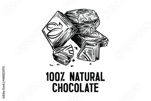 Chocolate pieces vector on a white background in a hand-drawn style. Slices of chocolate illustration