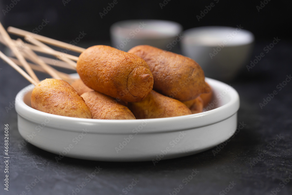 Corn dogs cooked with sausage and dough, horizontal - obrazy, fototapety, plakaty 
