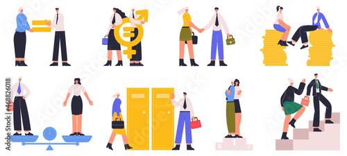 Business man and woman gender equality, equal career opportunities. Work gender equality, male and female equal rights vector illustration set. Society gender equality