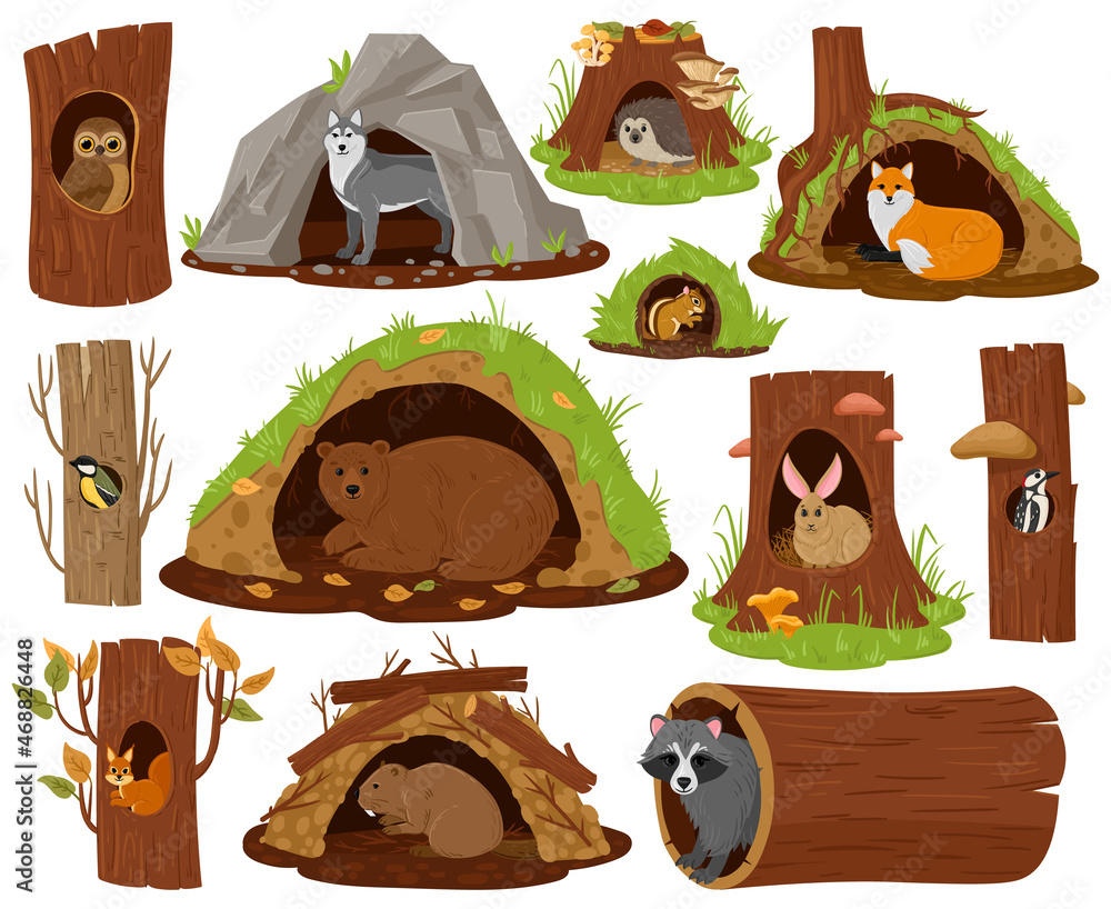 Cartoon forest animals inside hollow, burrow and nest. Woodland fauna in burrows and tree hollows vector illustration set. Owl, bear and hedgehog - obrazy, fototapety, plakaty 