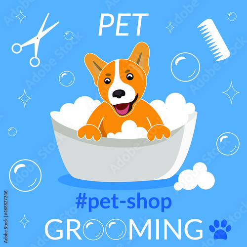 Cute cartoon ginger dog in a bath with foam and soap bubbles on a blue background