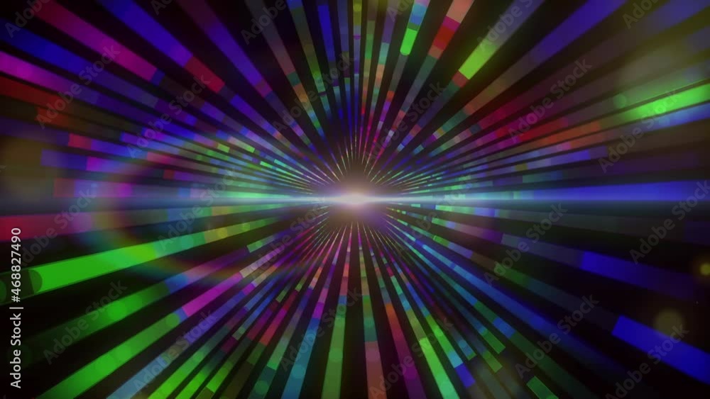 Animation of spinning colourful spotlights and lines