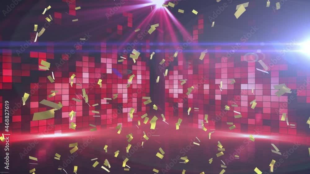 Animation of gold confetti falling on dance floor with flashing red and white lights and spotlight Animation of gold confetti falling on dance floor with flashing red and white lights and spotlight