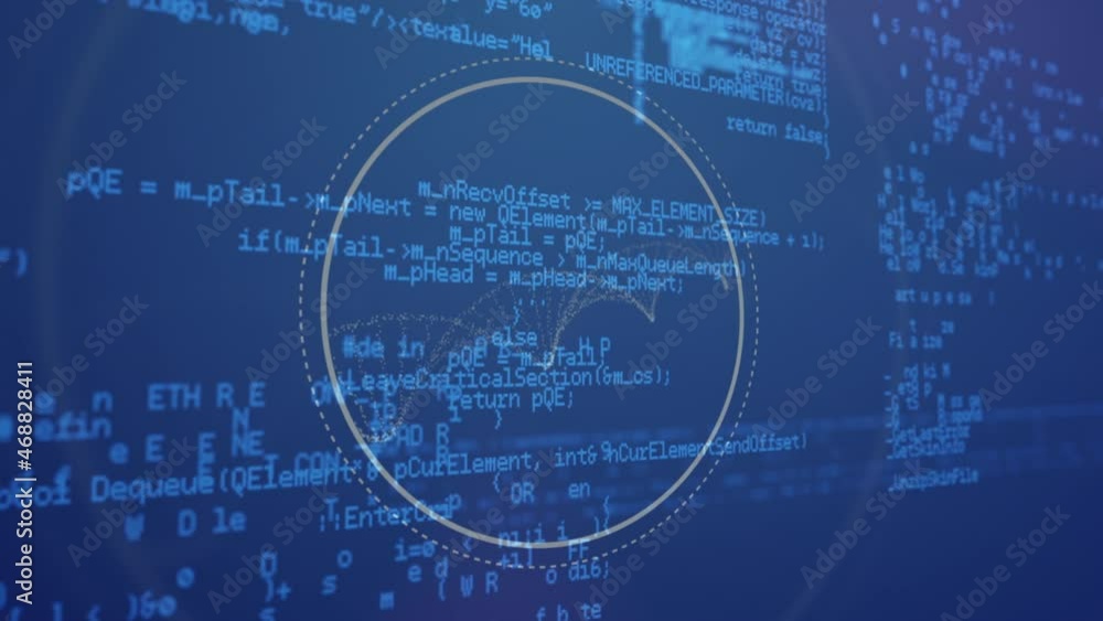 Animation of circular scanner and particles forming helix over processing data on blue background Animation of circular scanner and particles forming helix over processing data on blue background