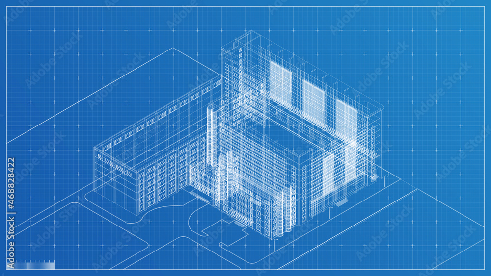 Building Blueprint illustration, 3d blueprint render, engineering blueprint with high quality 3d render