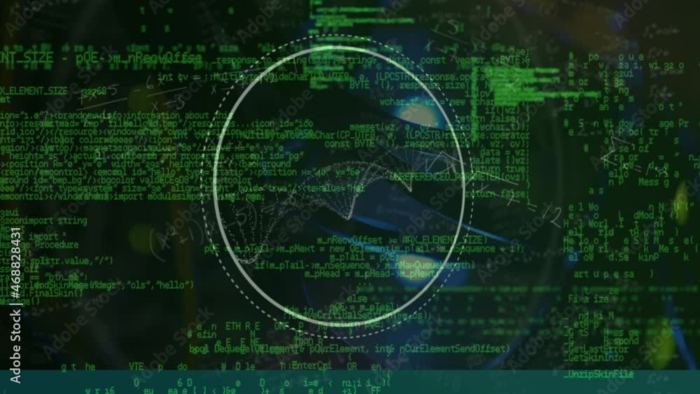 Animation of circular scanner and particles forming helix over green data processing Animation of circular scanner and particles forming helix over green data processing