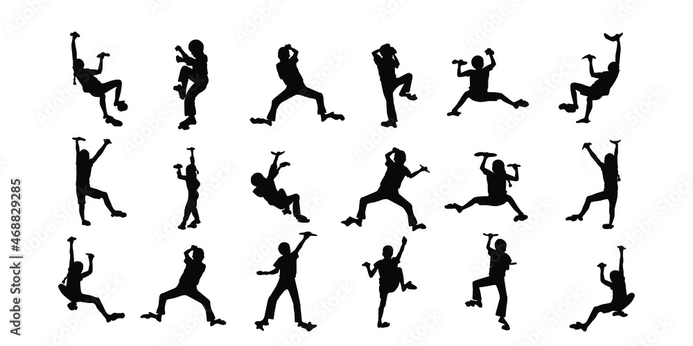 A set of silhouettes of climbers. Black silhouettes on a white background. Vector illustration.