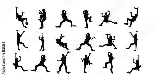 A set of silhouettes of climbers. Black silhouettes on a white background. Vector illustration.