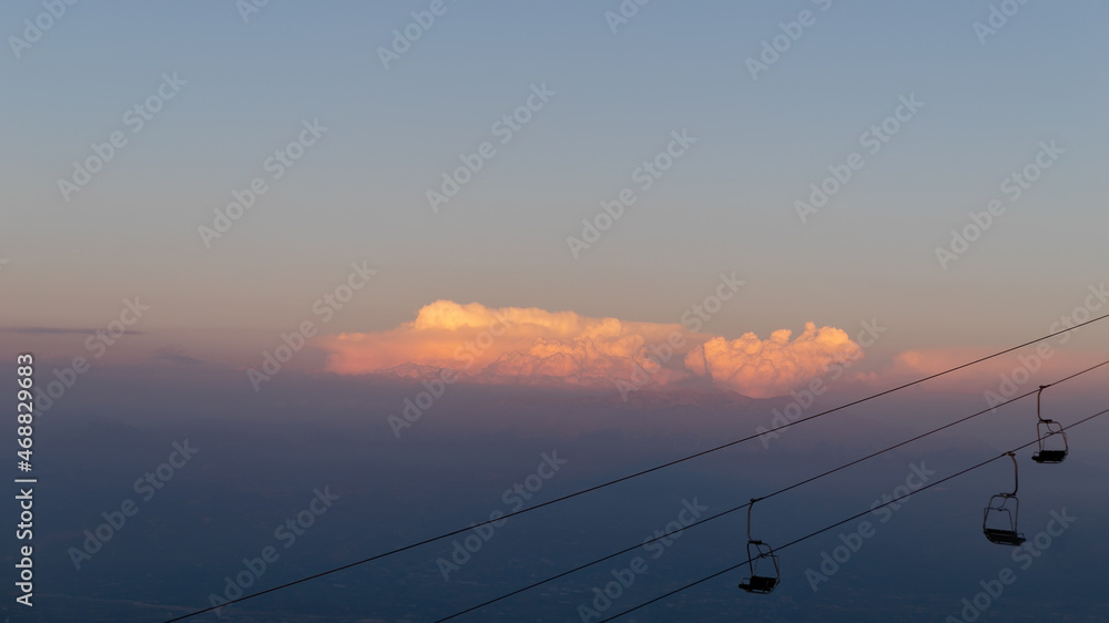 cable car at sunset in spring, ski resort
