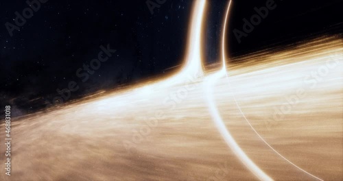 Black hole with lensing effect and accretion disk. Stars and galaxy background. Cinematic space rendering for science, technology and science fiction visualizations. High resolution 4k.
