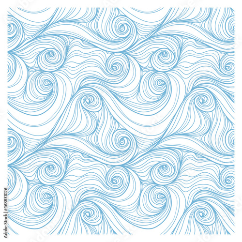 Seamless pattern with blue linear twisted waves. Design for backdrops and colouring book with sea, rivers or water texture. Repeating texture