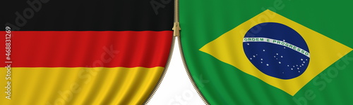 Germany and Brazil cooperation or conflict  flags and closing or opening zipper between them. Conceptual 3D rendering