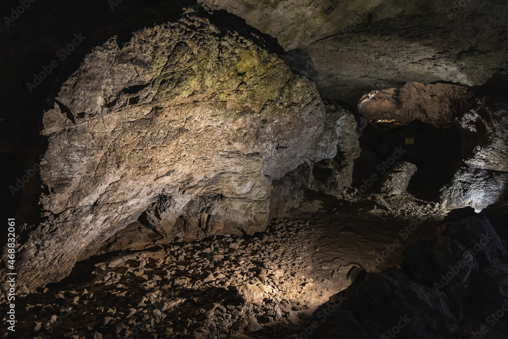 Walls of Bacho Kiro cave in Bulgarka Nature Park near Dryanovo town, Bulgaria