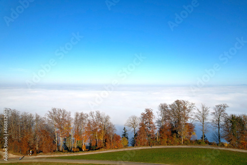Aerial perspective of autumn landscape with sea of fog at region of Uetliberg Albis at Canton Zürich on a beautiful sunny day. Photo taken November 12th, 2021, Zurich, Switzerland.