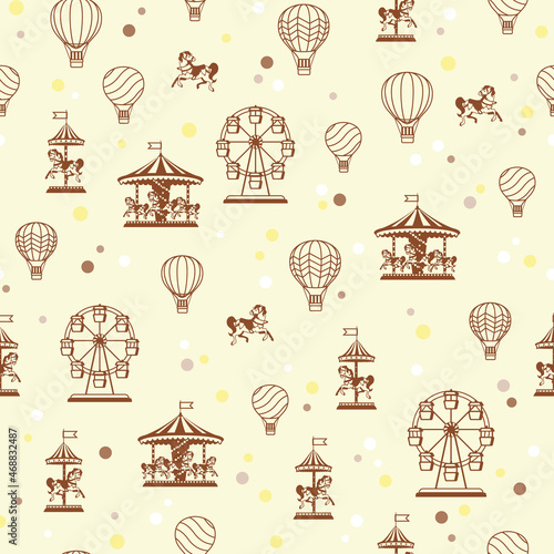 Vector Sepia Fun Fair, Carrousel, Hot air Balloons and Ferris wheels seamless pattern background. Perfect for fabric, scrapbooking, wallpaper projects