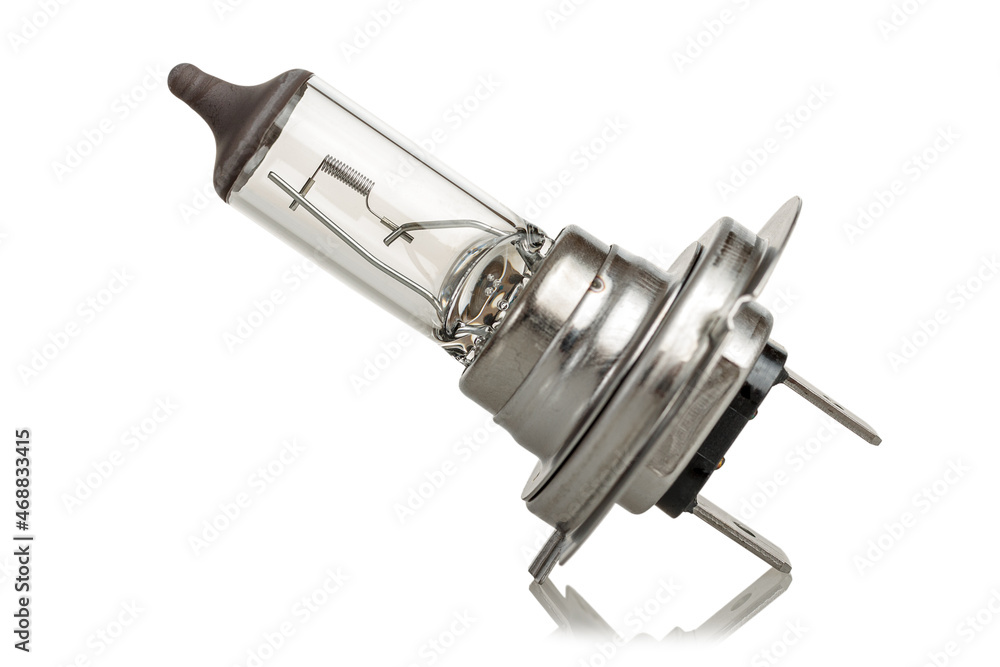 Halogen lamp for car headlights, low beam, high beam, replacement of burnt-out bulbs, isolated on a white background Halogen lamp for car headlights, low beam, high beam, replacement of burnt-out bulbs, isolated on a white background