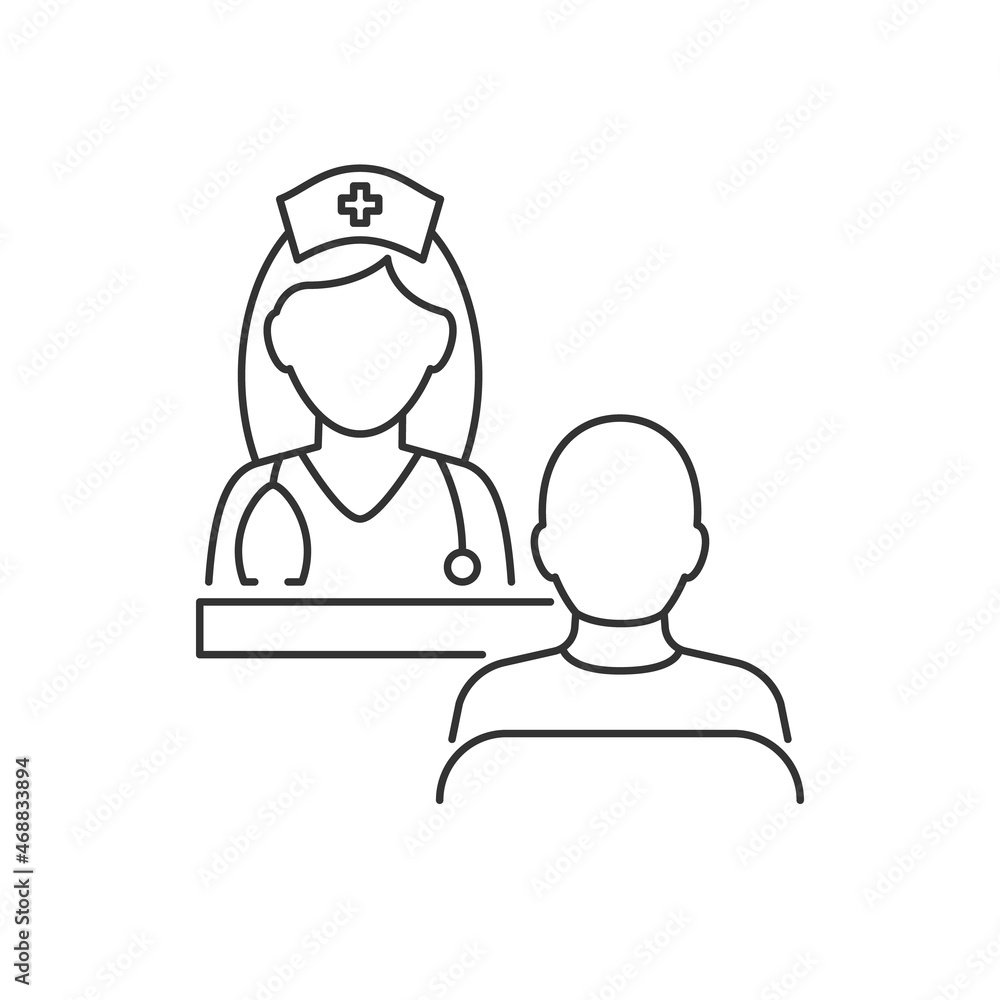 Man patient consults a nurse line illustration. Editable stroke