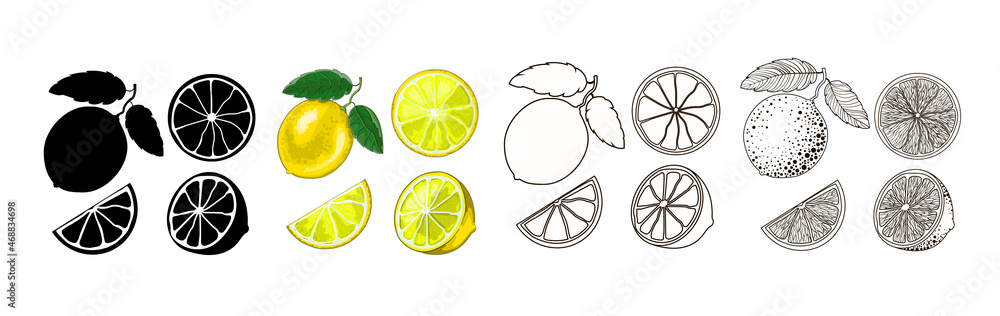 Four sets of lemons - black silhouette, cartoon, doodle and outline style. One lemon on a branch with two leaves, half and two slices isolated on a white background. Vector Four sets of lemons - black silhouette, cartoon, doodle and outline style. One lemon on a branch with two leaves, half and two slices isolated on a white background. Vector
