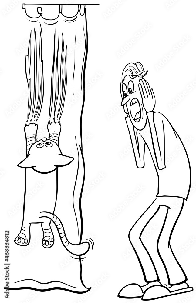 cat hanging on curtain and his terrified owner cartoon coloring page ...