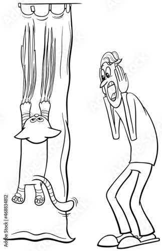 cat hanging on curtain and his terrified owner cartoon coloring page