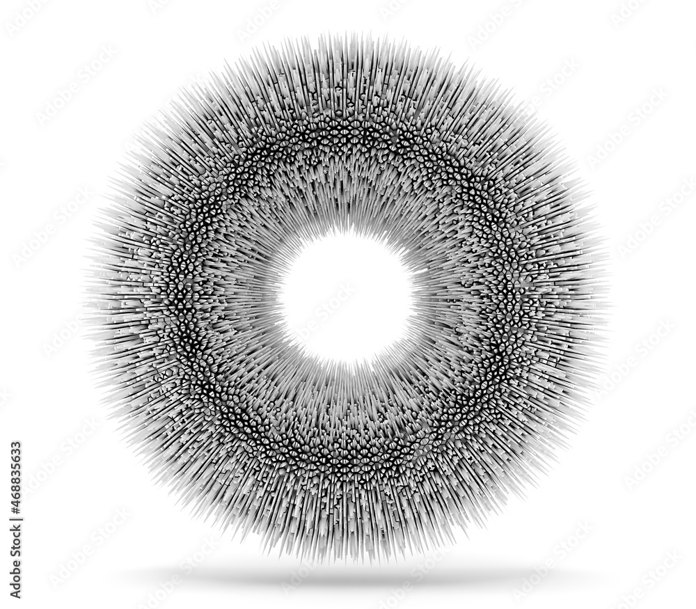3d render of monochrome black and white abstract art with surreal white rough ring torus with sharp random spikes or needles  in white grunge concrete material on isolated white background - obrazy, fototapety, plakaty 
